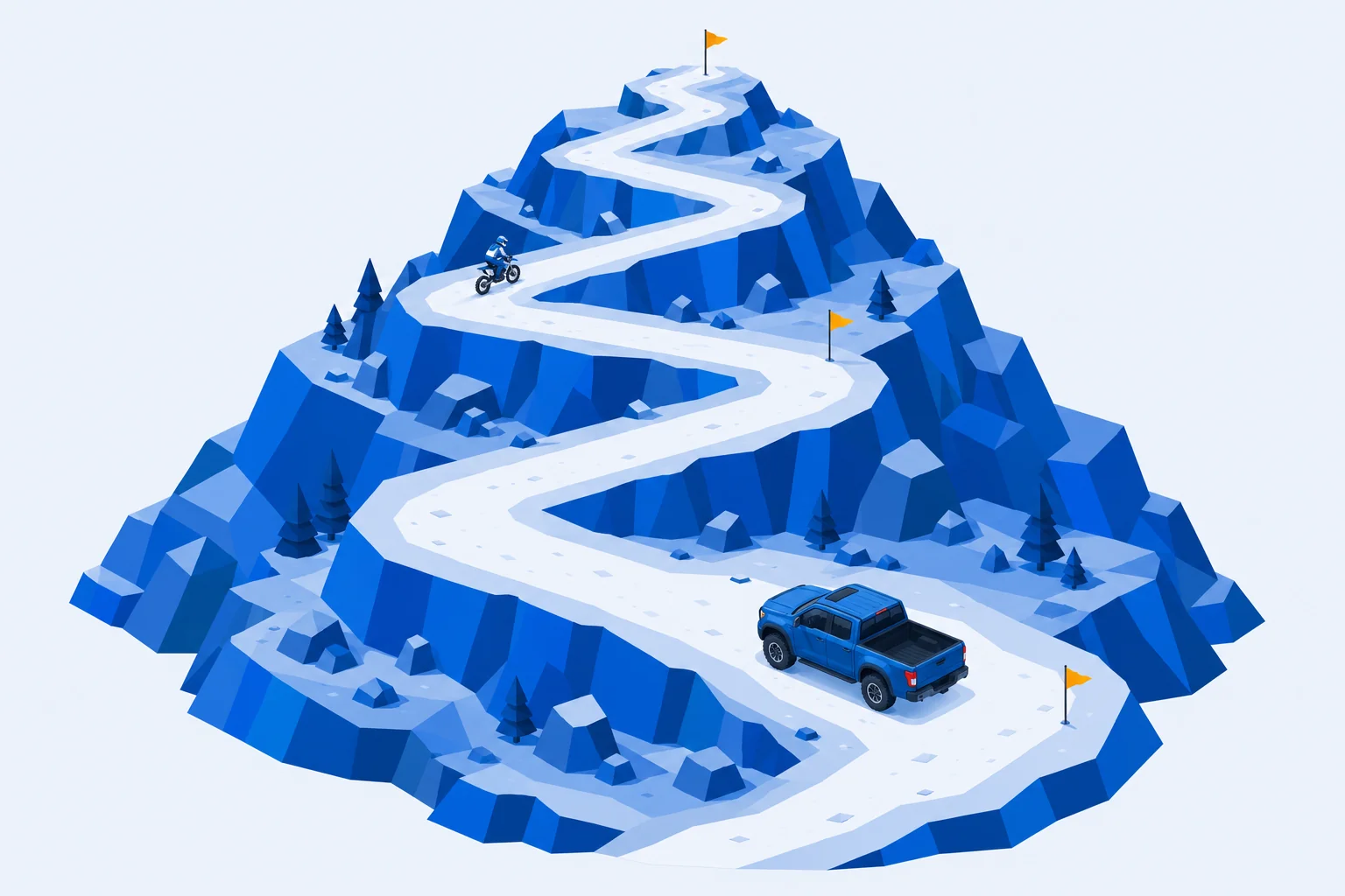 岩手の山地をイメージした段丘状のオフロードコースを走るピックアップトラックとオフロードバイク