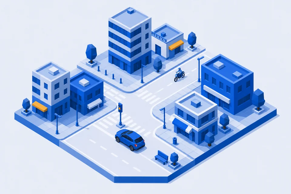 市街地を走る車両と道路を表したイラスト