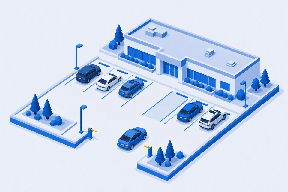 自動車販売店の駐車場と車両を表したイラスト